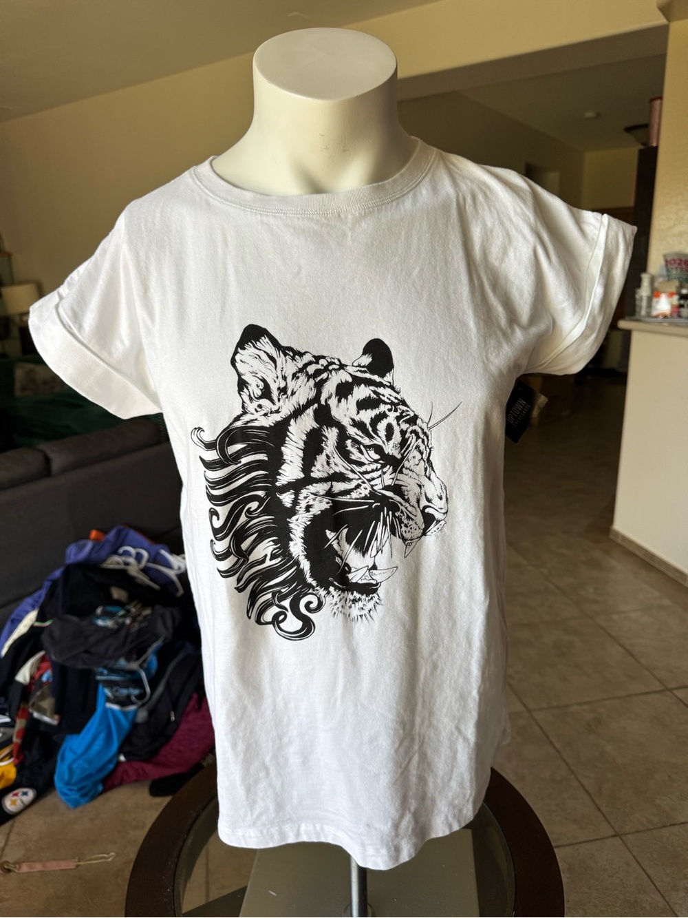 All Saints White Tee with Black Tiger Graphic